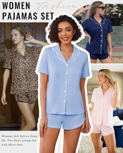 Image of Ekouaer Pajamas for Women Set Button Up Sleepwear 2 Piece Pjs Lounge Set Short Sleeve Nightwear