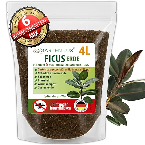 Garten Lux Ficus Erde 4L – 6-in-1 Spezialerde torffrei – Gegen Trauermücken – Für Ficus Benjamina, Elastica, Lyrata, Pumila, Carica, Microcarpa, Alii, Benghalensis & mehr