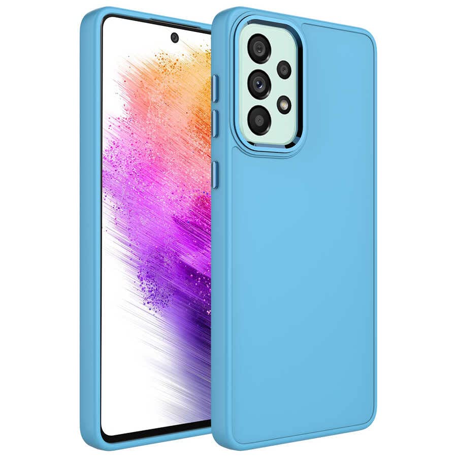 Zore Galaxy ile uyumlu A23 Kılıf Metal Çerçeve ve Buton Tasarımlı Silikon Zore Luna Kapak Sierra Mavi
