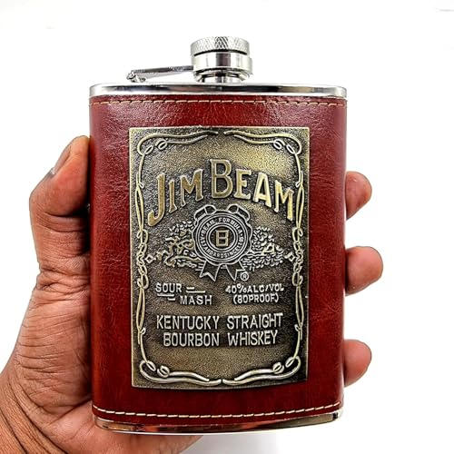 Image of JBPM Stainless Steel Hip Flask with Funnel 8 Oz (236 ml) I Stitched PU Leather Cladding with Metal Plate Design Whiskey Flask I Unisex Alcoholic Drinks Holder Pocket Bottle (JBP Maroon+Funnel)