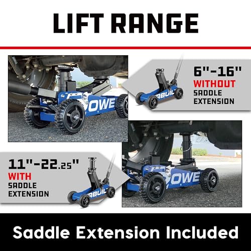 Image of Powerbuilt 1.5 Ton Big Wheel Off Road Jack, Vehicle Lift for Trucks, SUVs, ATVs Offroad Vehicles, Oversized Wheels for Rugged Terrain, 3000 LB Capacity, Blue 620625ECE