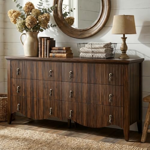 FUSUNBAO 6-Drawer Fluted Dresser Wide Double Chest of Drawers Walnut