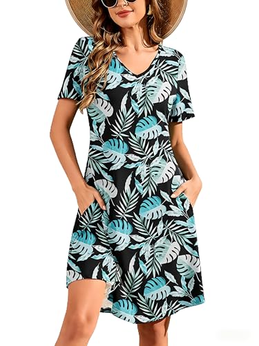 Image of DEARCASE Summer Dresses for Women V-Neck Short Sleeve T Shirt Dress Casual Flowy Swing Beach Vacation Mini Sundress