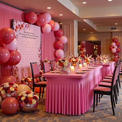 Image of NSSONBEN 2 pk Hot Pink Spandex Tablecloth for 6 Foot Rectangle Tables, Wrinkle Free Fitted Spandex Table Covers 6ft Stretch Table Cloths with Ruffle Skirt for Parties Weddings Banquet Baby Shower