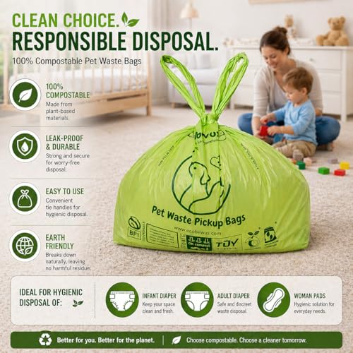 Image of 100% Compostable XL Pet Waste Bag (120 ct.) Plant-Based Cat Litter Bags Cornstarch-Based Doggy Poop Bags with Handles Compost Liners US BPI ASTM D6400 & OK Compost Home Certified (120 ct)
