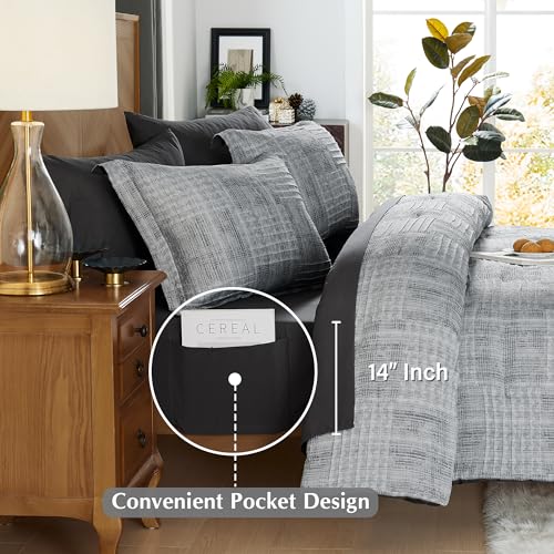 MaiRêve Charcoal Grey Queen Comforter Set, Textured Design Grey Crinkle Bed in A Bag Queen Size, Queen Comforter Set with 7 Pieces with Comforter, Sheets, Pillowcases & Shams 90"x 90" - Image 6