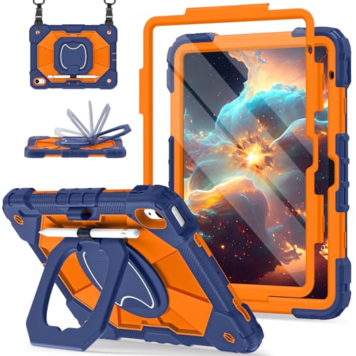 Image of Scnioy Case for iPad (A16) 11th Generation 11 Inch (2025) / iPad 10th Generation Case 10.9 Inch (2022) with 360 Rotating Stand Screen Protector Pen Holder Shoulder Strap, Navy Orange