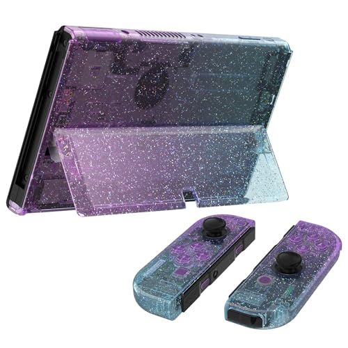Image of eXtremeRate DIY Full Set Shell Buttons for Nintendo Switch OLED, Replacement Console Back Plate & Kickstand Custom Case Housing for Switch OLED JoyCon - Glitter Gradient Translucent Bluebell & Blue