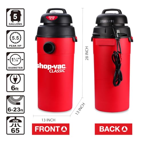 Shop-Vac 5 Gallon 5.5 Peak HP Wet/Dry Vacuum, Wall Mountable Compact Shop Vacuum with 6-23' Extra Long Hose & Attachments, Ideal for Jobsite, Garage, Car & Workshop. 9522236