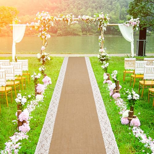 Image of 20Ftx36 in Natural Burlap Wedding Aisle Runner, Jute Weddings Runway Carpet | Rustic Ceremony Burlap Carpet Roll, Runway Carpet with Lace for Beach Garden Church Reception Craft Decoration