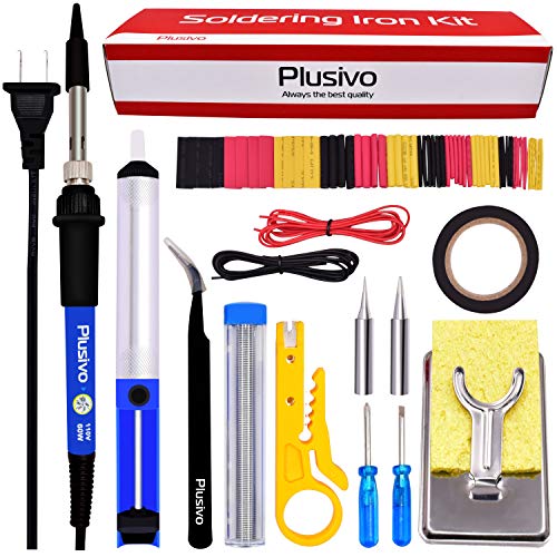 Soldering Iron Kit Electronics, Soldering Iron 60W Adjustable Temperature, Solder Wire, Wire Stripper, Desoldering Pump, Tweezers, Solder Tips, Mini Stand, Screwdrivers, Heatshrink Tubes from Plusivo