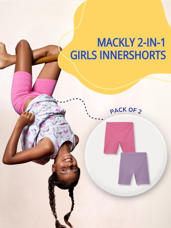 Image of mackly Girls Inner Shorts (Pack of 2) | 2-in-1 Seamless Panty Shorts with Gusset | Soft Breathable Base Layer for Dresses, Skirts