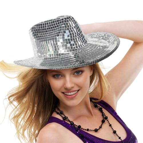 MYCENSE Mirror Ball Cowboy Hat Disco Cap Birthday Supplies Sequin Stylish Cowgirl Hat Disco Ball Hat for Girls Boys Adults Wedding Cosplay Nightclub