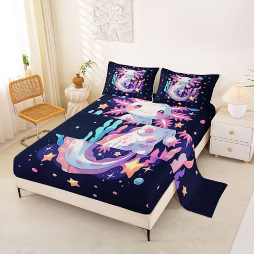 Image of jejeloiu Cute Axolotl Bed Sheets Set Queen Size Cartoon Pink Axolotl Bed Set for Kids Boys Girls Romantic Deep Pocket Fitted Sheet Breathable Soft Lightweight Microfiber