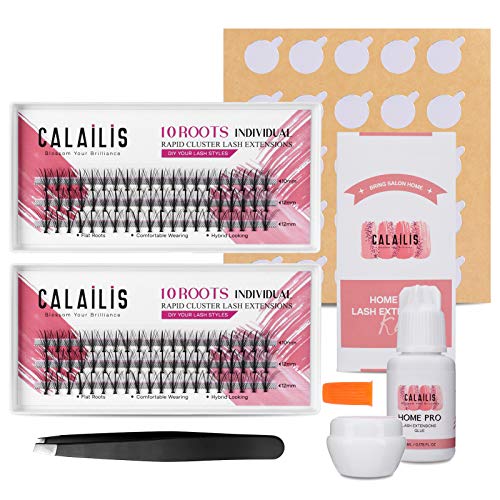 CALAILIS DIY Eyelash Extension, Individual Cluster Lash Extensions Kit Sensitive Glue Cream Remover at Home Use Self Application（0.10mm C mix, 10 roots/pack）