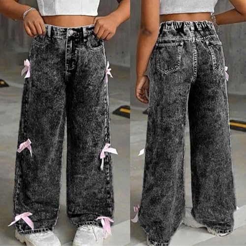 Bow for Girls Wide Leg Baggy Denim Pants,Cute High Waisted Kids Clothes Casual,Teen Trendy Washed Jean Flare Leg Trouser3
