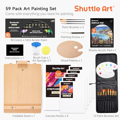 Shuttle-Art-Acrylic-Painting-Set-59-Pack-Professional-Painting-Supplies-with-Wood-Tabletop-Easel-30-Colors-Acrylic-Paint-Canvas-Brushes-Palette-Complete-Painting-Kit-for-Kids-Adults-Artists