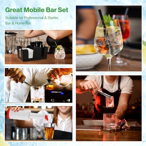 Image of Bartending Supplies - 18 inch x 12 inch Bar Mat Garnish Tray with Lid Bar Caddy 3 Tier Bar Glass Rimmer, 2 Plastic Juice Pour Bottles 3 Mini Tongs 12 Classic Liquor Bottle Pourers 500 Cocktail Straws(Black)