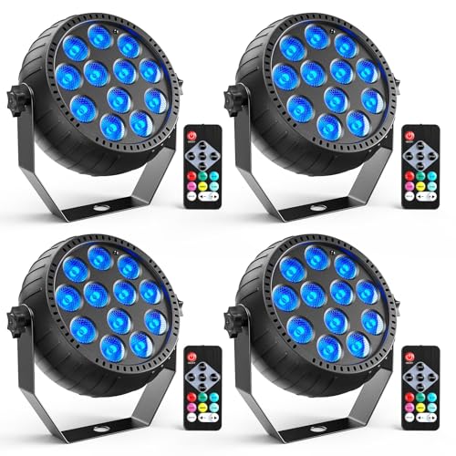 Erreyht 4PCS Rechargeable LED Par RGB Mini Uplights 12 LED Spotlight Battery Powered with Remote Control Stage Light for Party Bar Stage DJ Disco Wedding Halloween Christmas