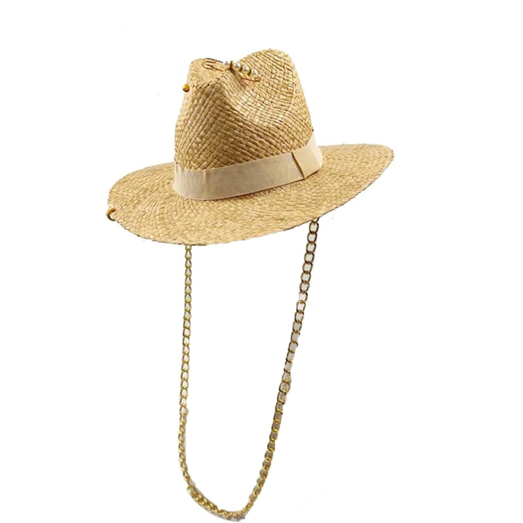 Generic Sombrero de paja con cadena para mujer, con letras inglesas, personalizable