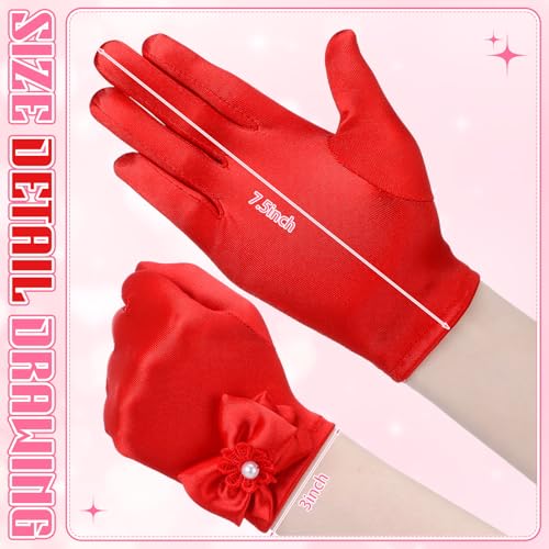 Bencailor 3 Pieces Girls Satin Gloves Tea Party Little Girls Princess Dressing Gloves for Wedding First Communion Cosplay(Bow Dress Style, White, Red, Pink)3