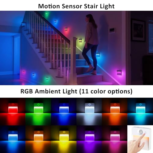8 Pack Rechargeable Motion Sensor Stair Light for Indoor, RGBW Battery Operated Closet Lights, Stick On Night Lamp, Moti - Additional View