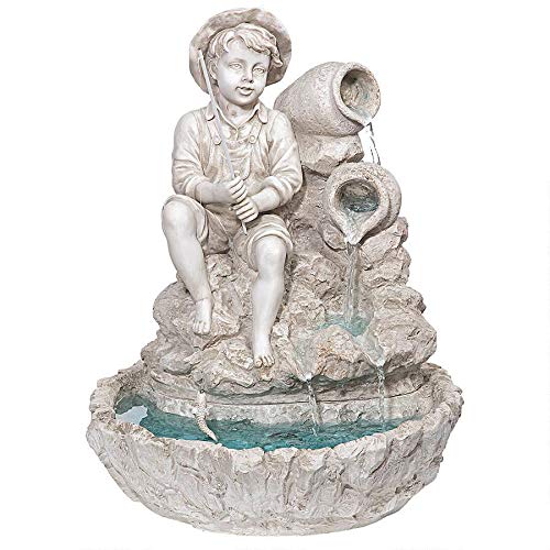 Design Toscano KY697 Little Fisherman at The Fishin' Hole Fuente escultórica, Acabado de Piedra Antigua