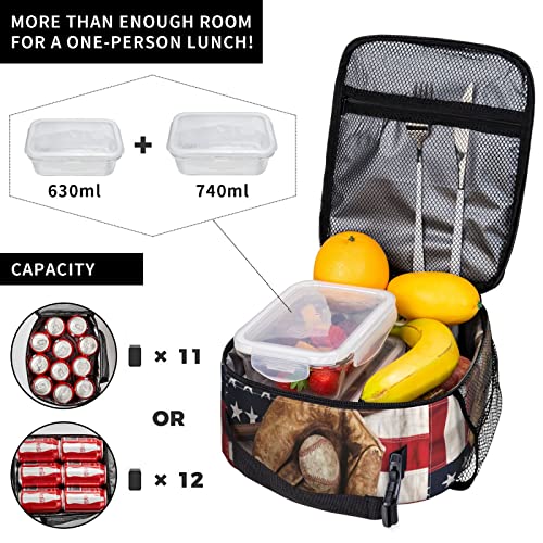 Lunch Bag For Women/Men,Vintage Baseball League Equipment Usa Glove Bat Fielding Sports Theme,Reusable Lunch Box For Office Work School Picnic Beach,Leakproof Cooler Tote Bag Freezable Lunch Bag #TOP2
