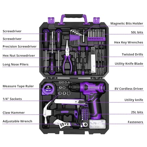 Image of Tool Set: Tool Kit with 8V Cordless Drill, Hand Toolbox with storage case, Tool set for Home Repairs 126 Piece, Purple