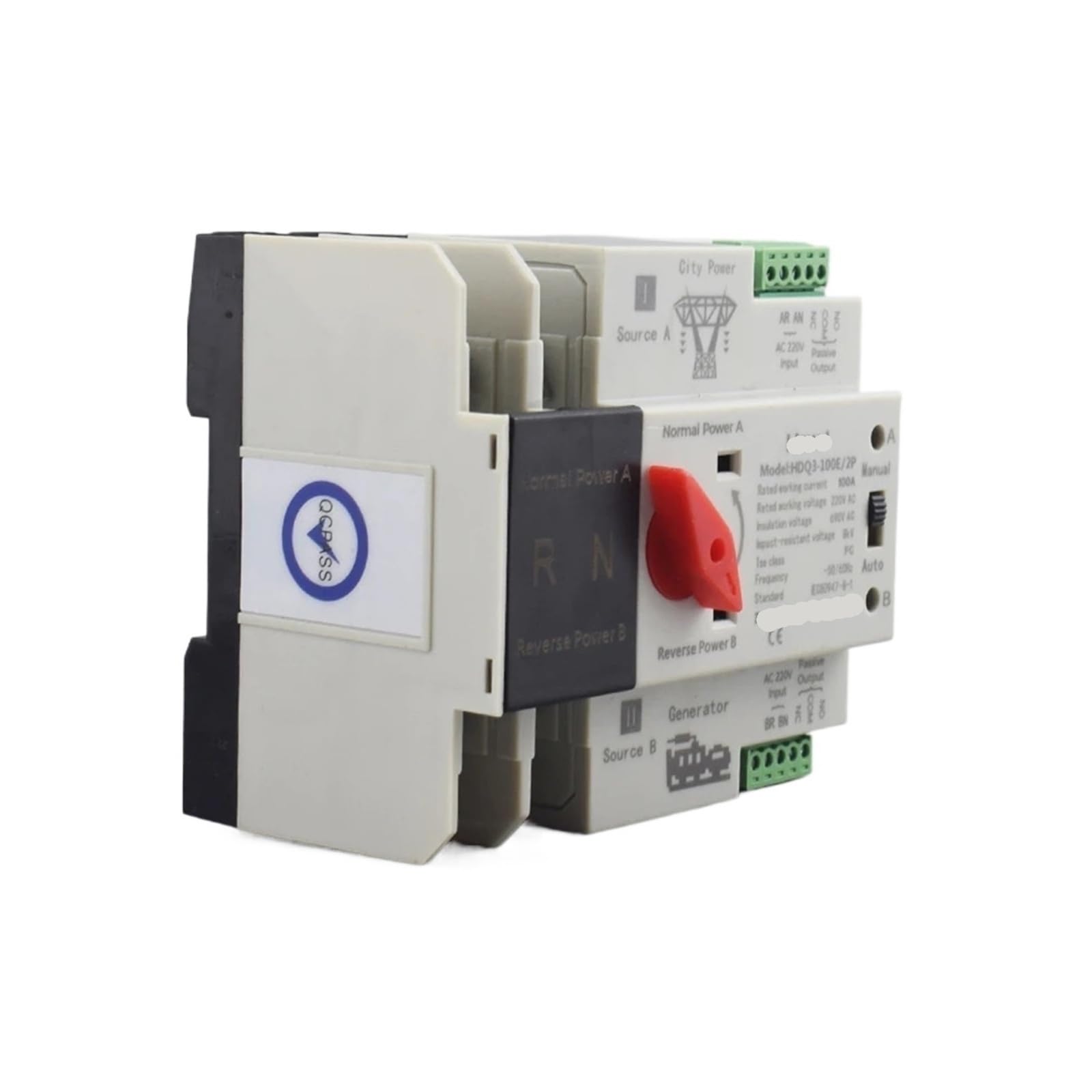 Disyuntor HDQ3-100E Carril Din monofásico 2P 125A AC 230V ATS Interruptores selectores eléctricos de transferencia energía dual Alimentación ininterrumpida