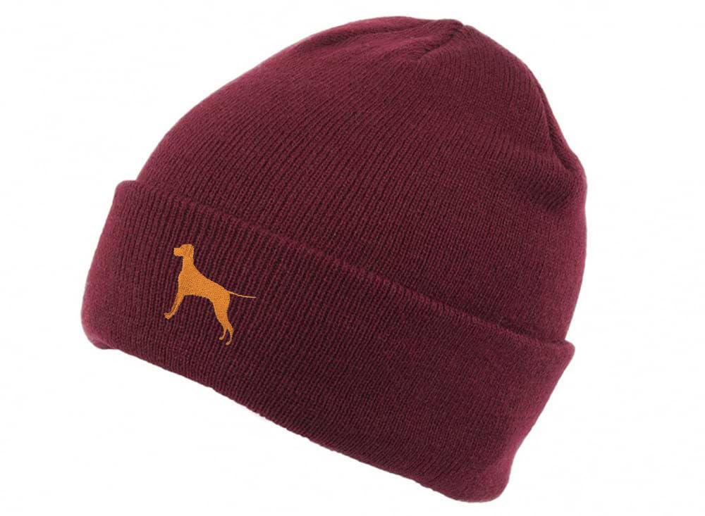 The House Of Dog Hungarian Vizsla Owner Gift. Classic Cuffed Unisex Beanie Ski Hat with Embroidered Design. Burgundy
