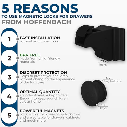 Hoffenbach, 20 Locks & 4 Keys, Magnetic Cupboard Locks, Child Safety Locks for Cabinets Drawers & Kitchen - Image 2