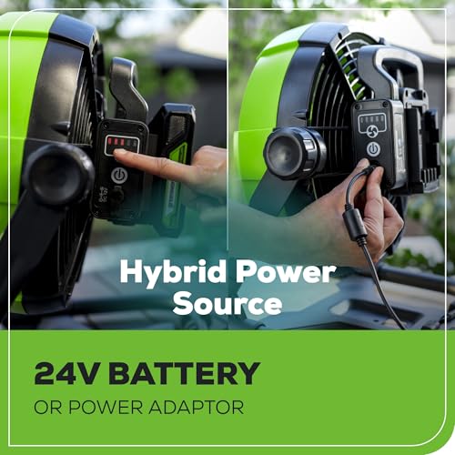 Image of Greenworks 24V 10 inch (5-Speed) Hybrid Fan (500 CFM) and 500 Lumens Lantern, with 2x2.0Ah Battery and Charger