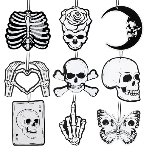 Image of 9 Pcs Skull Car Air Fresheners Horror Goth Punk Skeleton Crossbones Incense Chips Scented Diffuser Rearview Mirror Hanging Pendant Ornaments Cool Halloween Decor Automotive Interior Accessories Gifts