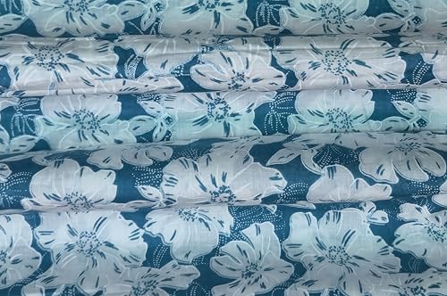 Image of 2 Meter Hand Block Indian Cotton Unstitched Jaipuri Handmade Digital Printed Fabric Material for Women Kurta /Blouse /Palazzos /Piece Material for Women's (Blue Flower)