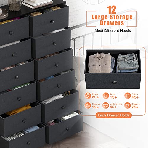 Enhomee Dresser For Bedroom Tall Dresser With 12 Drawers Wooden Top And Metal Frame Black Dressers & Chest Of Drawers For Bedroom, Closet, Clothes Black 35" L X 12" W X 52" H #TOP3