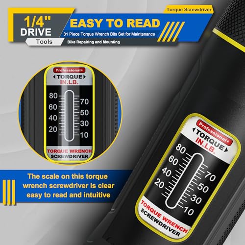 Image of Long Shank Torque Screwdriver Set, 10-80 Inch Pounds lbs, 32 Piece 1 /4 inch Drive Torque Screwdriver Wrench with S2 Steel Bits for Bicycle Mechanics, Mechanical Equipment, and Mounting