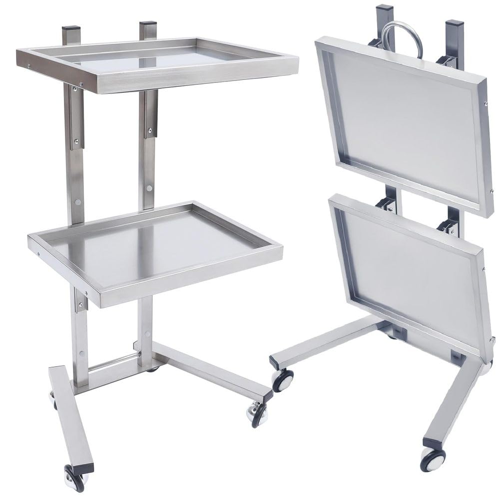 Carrito rodante de acero inoxidable de 2 niveles, carrito de servir plegable con ruedas, bandeja versátil para tatuajes, belleza y uso en la cocina, diseño duradero y portátil