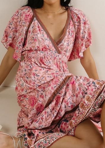 Image of R.Vivimos Women's Summer V Neck Maxi Dress Boho Floral Print Short Sleeve Elastic Waist Ruffle Patchwork A-Line Beach Dress