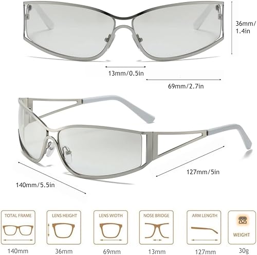 Miniatura 5 de Gafas de sol Y2K para mujeres y hombres, estética, accesorios de atuendo de los años 2000, lentes ovalados Y2K, marco de metal, persianas envolventes