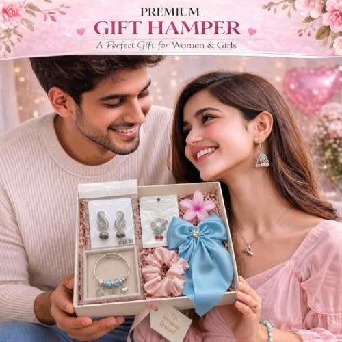 Image of Miss Chanda's Women's Gift Hamper for Girls & Women | Necklace, Charm Bracelet, Jhumka Earrings, Satin Scrunchie & Hair Bow, Decorative Flower, Birthday Gift Box | Random Colors & Desings for Surprise