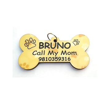 Printjas Personalised Dog Cat ID Name and Number Tags Dog Everyday Collar Bone Shap (Small, Brown)