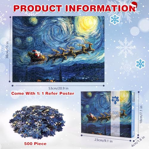 Rompecabezas Navideño de 500 piezas para adultos, Trineo de Santa y renos, 21 x 15 pulgadas con escena nocturna estrellada miniatura 2