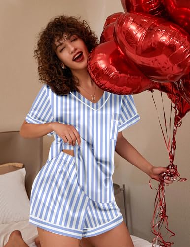 Image of Ekouaer Silk Pajama for Women Short Sleeve Satin Pj Set Two Piece Soft Sleepwear Loungewear S-XXL