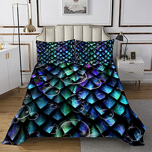 Juego de Ropa de Cama de Sirena Escamas de Pescado de Sirena,Juego de Colcha niños niñas,Colcha de Animales acuáticos,Colcha de Sirena de ensueño Dormitorio,colección de 2 Piezas de Individual