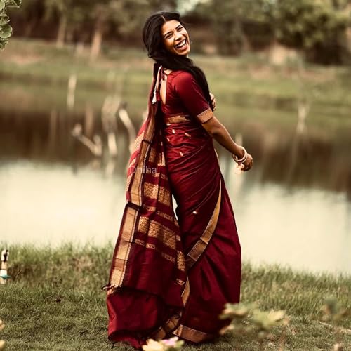 Image of DHIHA Gadwal Cotton Saree for Women | Pure Kalyani Cotton Saree with Zari Border Tassels & Blouse | Kanjivaram Linen Silk | Handloom Weave