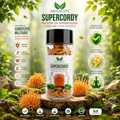 Image of MEGACEPS SUPERCORDY - 100% Raw Cordyceps Militaris Fruiting Bodies | Natural Energy & Stamina Booster | Immunity, Endurance & Vitality Support | No Fillers, Pure Mushroom Superfood - 50g