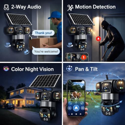 Image of securinnov 3 Lens Solar 4G Powered PTZ Outdoor CCTV Camera | 360 View | Color Night Vision | Two Way Audio | 4G SIM-Based Security Camera for Home with Mobile App V380 Pro (3 Lens Solar)