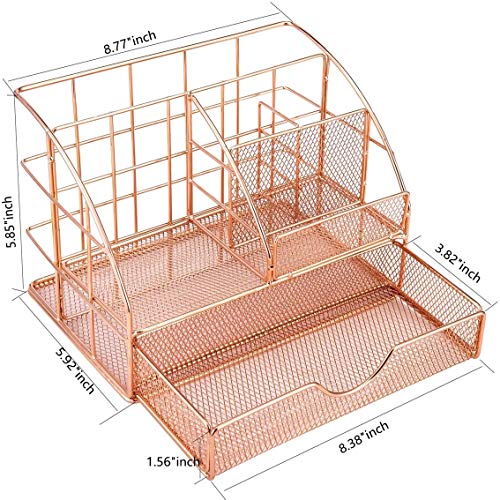 Image of Desk Organizer with Drawer | Metal Mesh Multipurpose 6 Compartment Storage Holder | Stationery, Makeup, Office Supplies Organizer (Rose Gold) (22.3X15X14.9 CM)