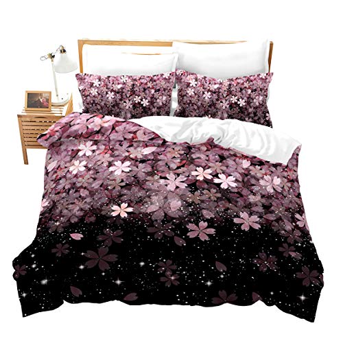 Juego de funda de edredón de 155 x 220 cm, diseño de flores de cerezo caídas, para niños, niñas, adolescentes, 2 piezas, cremallera de microfibra